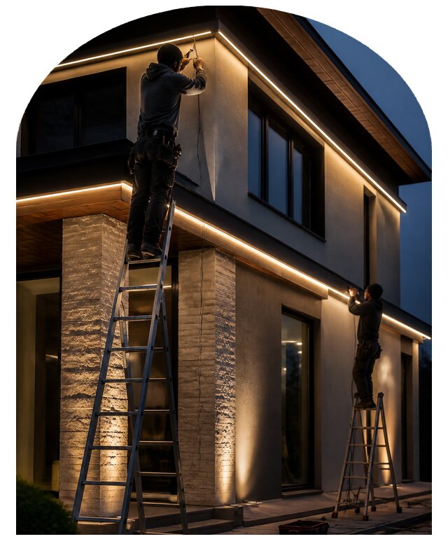 Подсветка фасада дома и архитектурных элементов в Чусовой